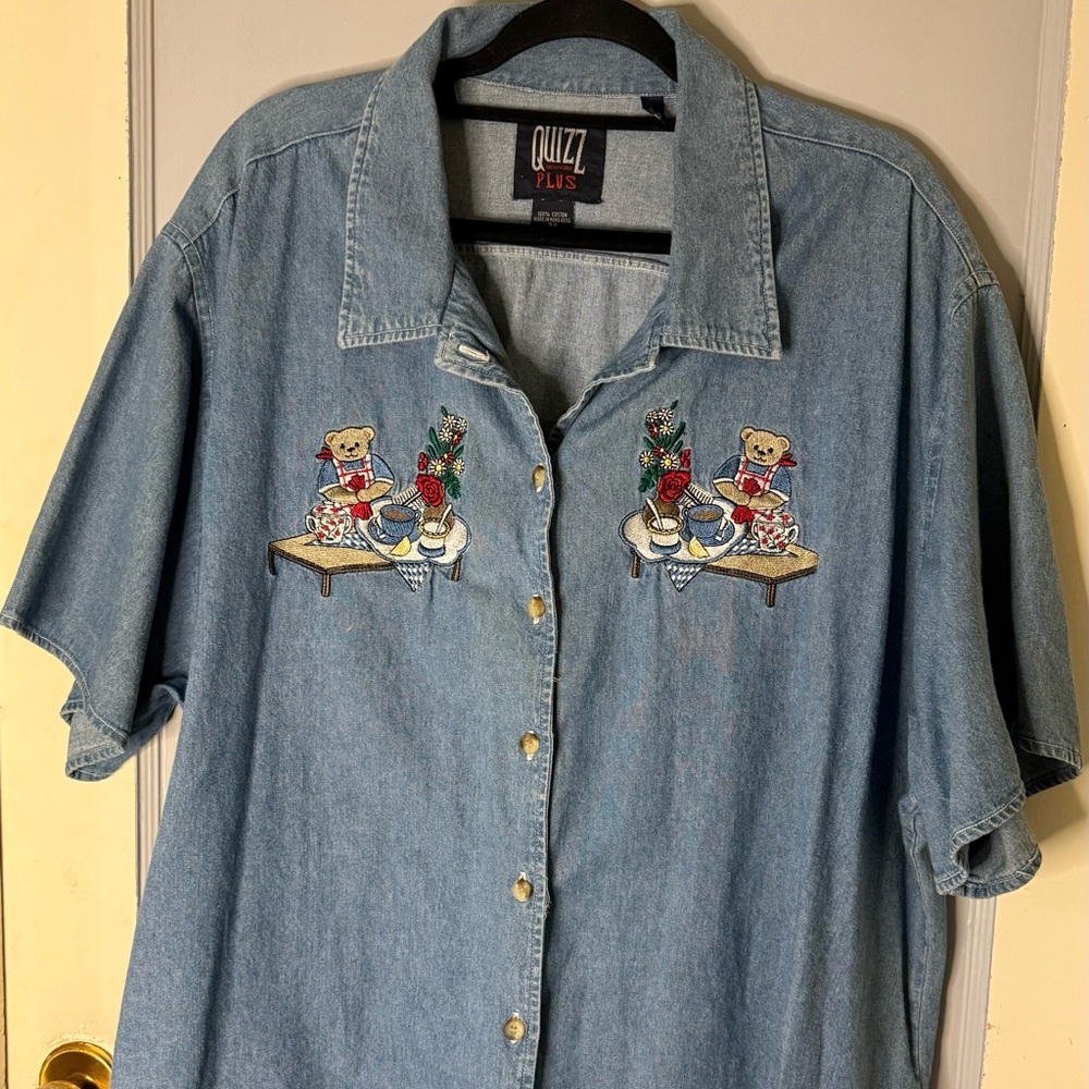 Vintage Denim Shirt with Embroidered picnic Bears
